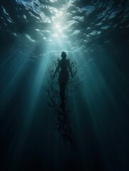 A body suspended in the ocean with rays of light shining on it. Great for stories of crime, murder, horror, mystery, danger and more. 