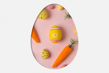 Egg shape cut in the white paper with different colorful Easter eggs. Minimal spring holidays concept.