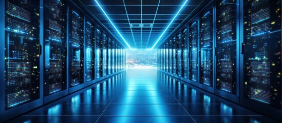 Server room, large storage center, Data Center and Data Connectivity Technology, technological line visual blue light background - Powered by Adobe