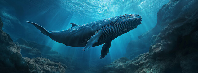 whale in the ocean wallpaper - obrazy, fototapety, plakaty