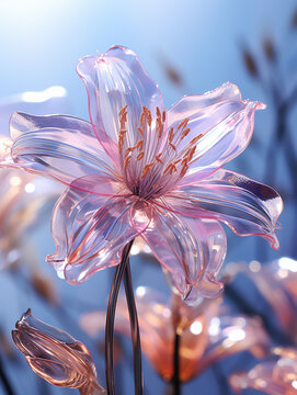 Translucent crystal beautiful flowers under blue sky
