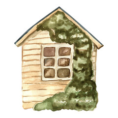 Vintage garden cottage watercolor illustration.