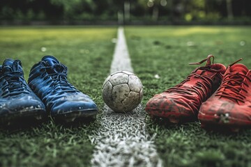 Soccer Ball and Shoes on a Field - obrazy, fototapety, plakaty