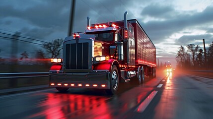 A red semi truck with red lights on the front driving down a wet road - obrazy, fototapety, plakaty
