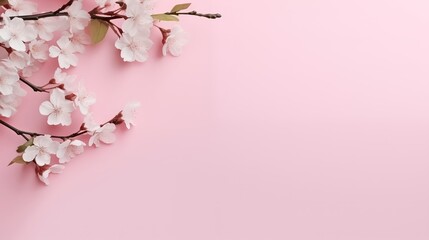 Frühlingsanfang Banner. Zarte weiße Kirschblüten auf pastellrosa Hintergrund mit Platz für Text. Grußkarte