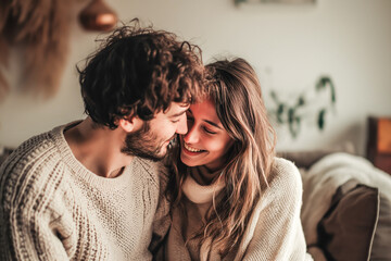A couple sharing a tender moment in a warm, cozy - obrazy, fototapety, plakaty