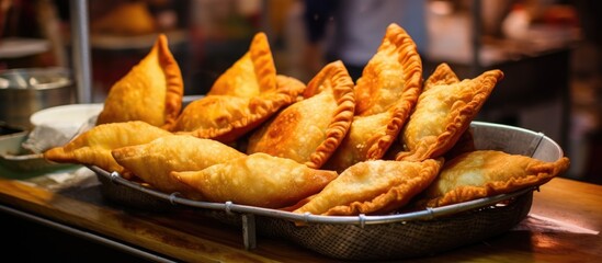 Street food market in Spain sells traditional fried Spanish and Argentine empanadas.