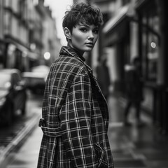 モノクロ、街を歩くチェックのコートを着たモデル女性