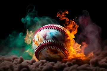 Baseball spectacle Colorful ball pops against a mysterious, smoky background - obrazy, fototapety, plakaty