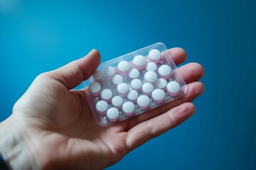 Fototapeta na wymiar Healthcare visual Hand holding pill packs on a blue background