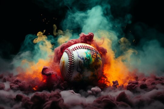 Vivid contrast Colorful baseball stands out against a mysterious, smoky backdrop