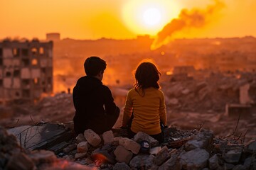 Two children sitting on a pile of rubble, watching the sunset