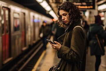 Woman on a subway train looking at her phone - obrazy, fototapety, plakaty