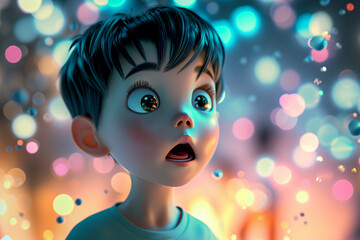 Fototapeta premium 3d cartoon children look at the computer screen in surprise and curiosity 