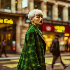 街を歩く緑色チェックのコートを着たモデル女性
