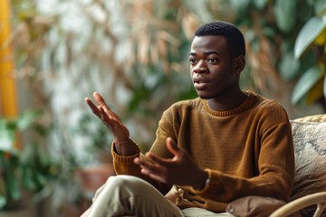 A man in a brown sweater sitting and talking.