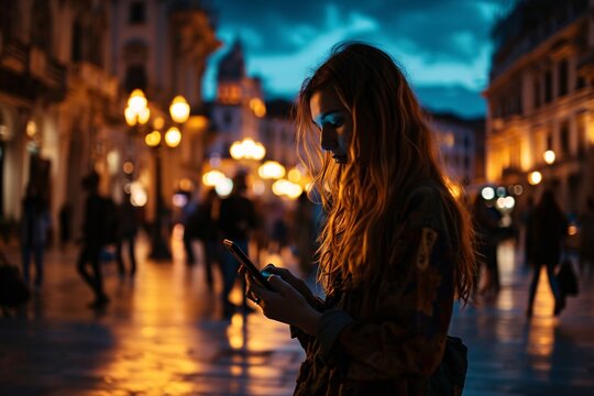 A Woman Looking At Her Phone In A City At Night