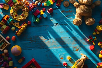 A colorful assortment of toys and stuffed animals on a blue table - obrazy, fototapety, plakaty