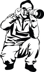 Cartoon Black and White Isolated Illustration Vector Of A Photographer Kneeling Down Holding A Camera