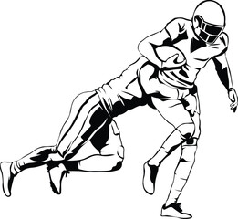 Cartoon Black and White Isolated Illustration Vector Of An American Football Player Running with the Ball Being Tackled