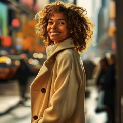 街を歩くオフホワイトのコートを着たモデル女性