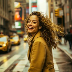 街を歩くブラウンのコートを着たモデル女性