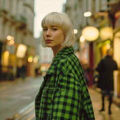 街を歩く緑色チェックのコートを着たモデル女性