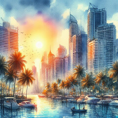 uma pintura em aquarela de uma cidade com palmeiras e arranha-céus ao pôr do sol. 