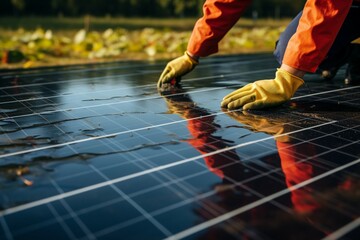 Fototapeta na wymiar Technology for the future Man cleaning solar panel for green energy