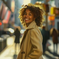 街を歩くオフホワイトのコートを着たモデル女性