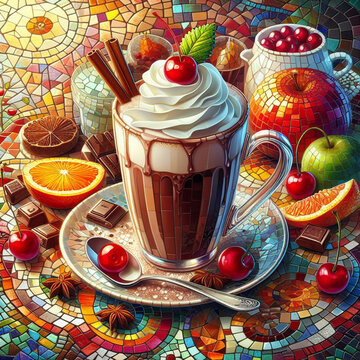 uma xícara de café com chantilly e uma cereja no topo. A xícara é de cerâmica branca com um desenho simples. O chantilly é branco e cremoso, e a cereja é vermelha e brilhante. 