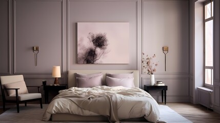 A serene bedroom adorned with a minimalist, dove-gray bedspread against a backdrop of soft, blush-pink walls and accents of rich plum, emanating understated elegance.