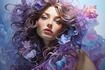Fototapeta premium a wonderful girl, a young woman with flowers in flowing curls. close-up portrait. femininity and purity.