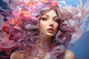 a wonderful girl, a young woman with flowers in flowing curls. close-up portrait. femininity and purity.