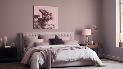A serene bedroom adorned with a minimalist, dove-gray bedspread against a backdrop of soft, blush-pink walls and accents of rich plum, emanating understated elegance. - obrazy, fototapety, plakaty