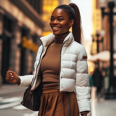 街を歩くホワイトのダウンを着たモデル女性