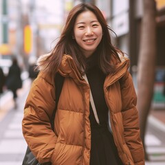 街を歩くブラウンのダウンを着たモデル女性