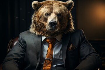 a bear in a business suit with a tie. A businessman with the head of an animal.