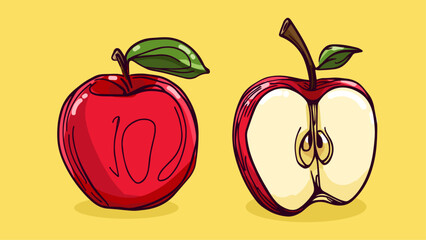 Set of Apple fruit, Vector illustration in one line sketch style, flat hand drawn sketch, Colorful fruit with shadow and light, isolated on colored background.