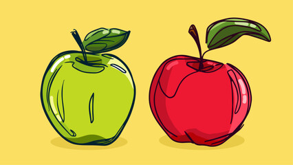 Set of Apple fruit, Vector illustration in one line sketch style, flat hand drawn sketch, Colorful fruit with shadow and light, isolated on colored background.