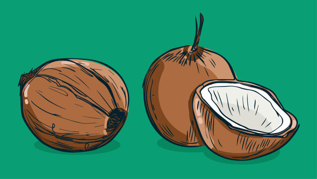 Set of Coconut fruit, Vector illustration in one line sketch style, flat hand drawn sketch, Colorful fruit with shadow and light, isolated on colored background.