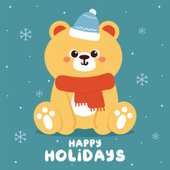 hand drawing cartoon bear for holiday card, wallpaper, background. cute holiday wallpaper