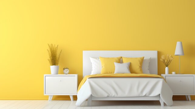 A serene bedroom adorned with minimalist white furniture against walls painted in refreshing lemon yellow, exuding a sense of tranquility.