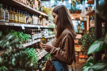 A woman shopping for essential oils in a grocery store