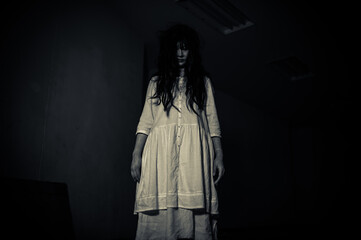 Portrait of asian woman make up ghost,Scary horror scene for background,Halloween festival concept,Ghost movies poster,angry spirit in the apartment