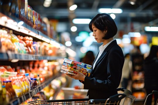 Woman in a grocery store looking at a box of food