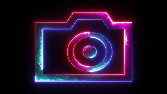 Glowing neon camera icon animated background. Abstract symbol icon of digital camera