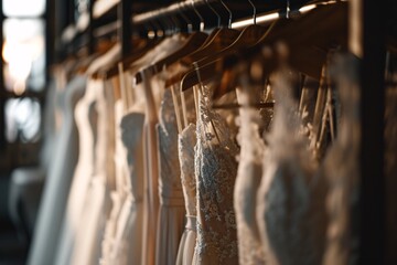A row of white wedding dresses hanging on a rack
