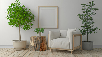 Scandinavian Style Living Room With Cozy White Chair, Organic Wood Coffee Table, and Greenery - Generative Ai