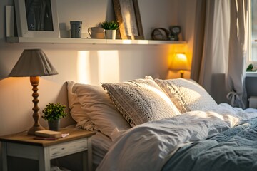 A cozy bedroom scene with a white bed and a potted plant.
